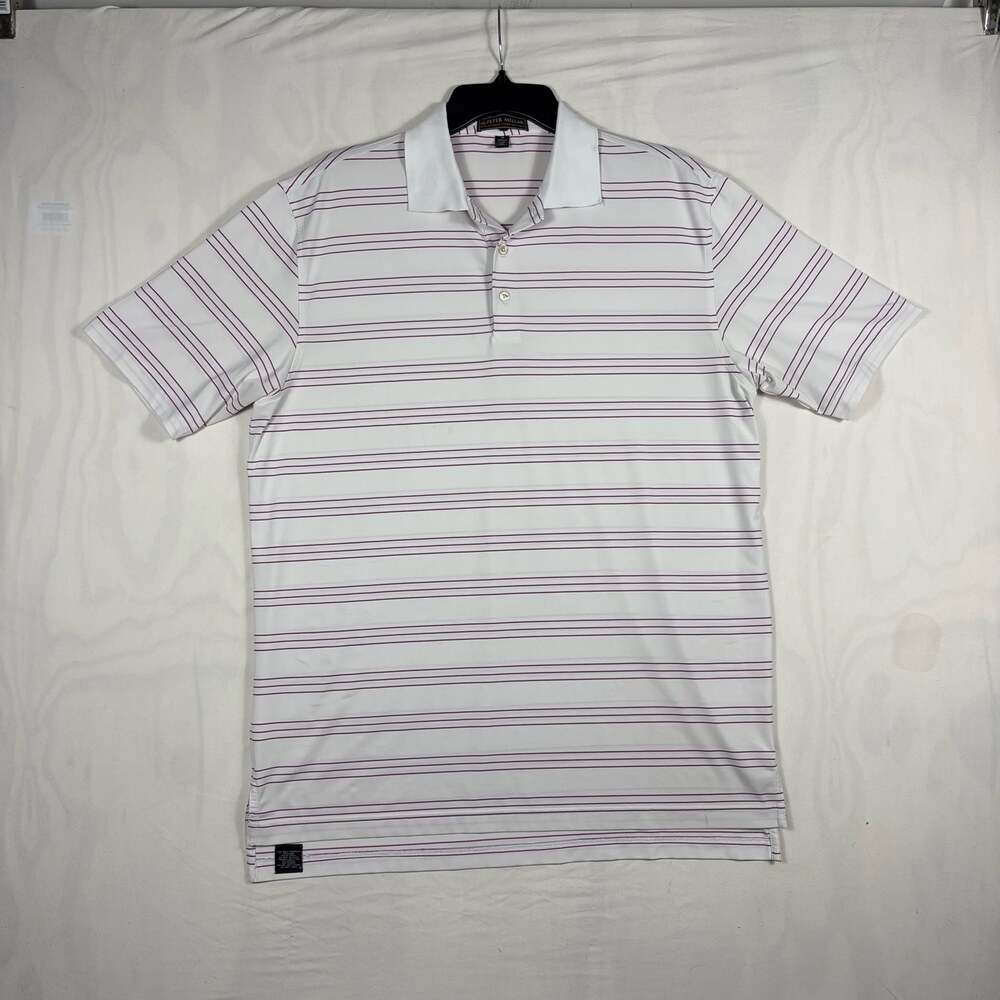 Peter Millar Summer Comfort White Purple Striped Golf Polo Shirt Men's Medium